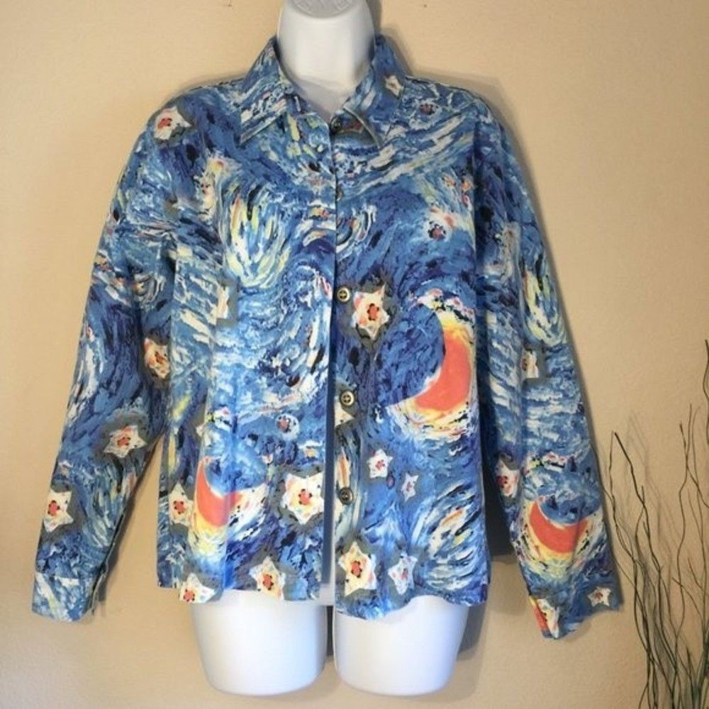 Artscape Galaxy Print Denim Jacket Starry Sky Abstract Cotton Blue Yellow M
